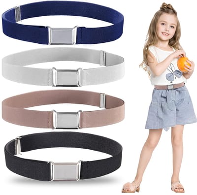 Dailygoods - Set van 4 Elastische Kinderriem - Verstelbare Riem met Vierkante Gesp voor Jongens en Meisjes - Rekbare Riem in 4 Kleuren (Zwart, Zilver, Marine, Roze)