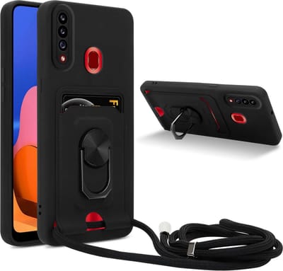 Cadorabo Telefoonketting Hoesje met standfunctie geschikt voor Samsung Galaxy A20s in ZWART - Siliconen beschermhoes met verstelbare koordband