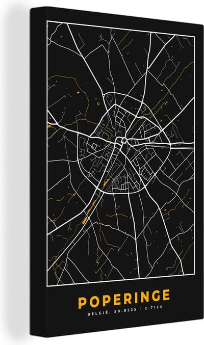 Canvas Schilderij Black & gold - Poperinge - Stadskaart - Plattegrond - Kaart - 20x30 cm - Wanddecoratie