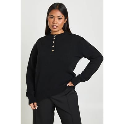 boohoo Dames Plus Gouden Knoop Ronde Hals Trui | Black | Maat: 28
