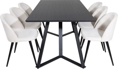 MarinaBLBL eethoek eetkamertafel zwart en 6 Velvet eetkamerstal fluweel beige, zwart.