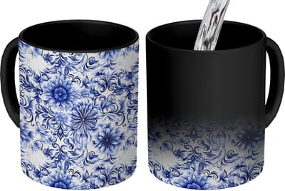 Magische Mok - Foto op Warmte Mokken - Koffiemok - Bloemen - Blauw - Patroon - Wit - Magic Mok - Beker - 350 ML - Theemok
