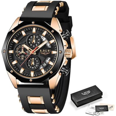 LIGE Nieuw Horloge Heren Luxe Merk Grote Wijzerplaat Horloges Heren Waterdicht Kwarts Polshorloge Sport Chronograaf Horloge goud/zwart