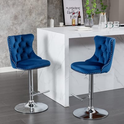 PHOEBE CAT Barkruk - Set van 2 - Draaibare stoel - In hoogte verstelbaar - Metalen frame - Velvet - Blauw