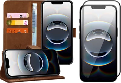 Hoesje geschikt voor iPhone 16e - Screenprotector Volledig Dekkend Glas - Portemonnee Book Case Bruin