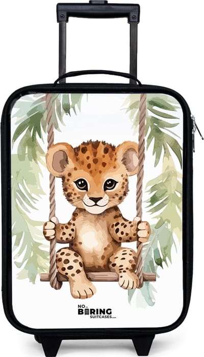 NoBoringSuitcases.com® - Kinderkoffer jongen - Kindertrolley meisje - Luipaard welp op een schommel waterverf illustratie - Koffer kind lichtgewicht - Reiskoffer trolley voor kinderen - Koffertje met lichtgevende wieltjes - Rolkoffer zwart