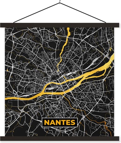Posterhanger incl. Poster 60x60 cm - Schoolplaat - Nantes – Plattegrond – Frankrijk – Kaart – Stadskaart - Textielposter - Zwarte latten - Stadskaart