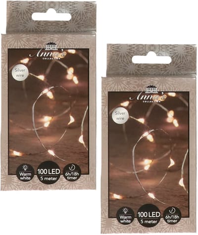 Anna's Collection Draadverlichting - 2x - 100 led lampjes - warm wit - zilver draad - 500 cm - lichtdraad - kerstverlichting lichtsnoe