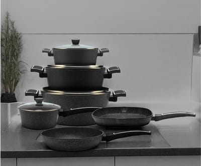 10-delige Pannenset Gesmeed Aluminium – Zwart Marmer Coating – Inclusief Koekenpannen, Grillpan en Kookpannen met Deksel