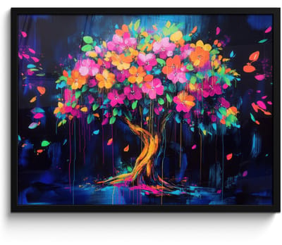 Poster in lijst - Fotolijst 70x50 cm - Posters - Boom - Bloemen - Magisch - Gekleurde - Posterlijst zwart - Decoratie - Wanddecoratie woonkamer - Muurdecoratie slaapkamer