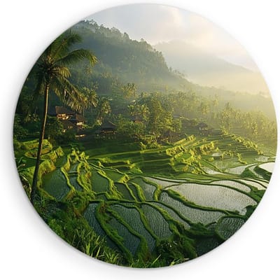 Saammp Muurcirkel Hout - Natuur - Rijstveld - Bali - landschap - Ø 90 - Wandcirkel - Wanddecoratie Cirkel - Muurdecoratie Woonkamer - Slaapkamer decoratie - Rond Schilderij