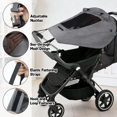 Luifel voor kinderwagen met kijkvenster, verstelbare universele kinderwagen, zonwering, buggy, waterdicht, uv-bescherming, zonwering met opbergtas, grijs