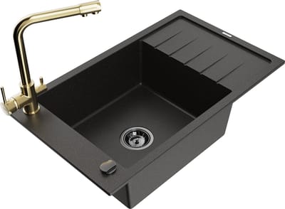 Mexen Elias granieten spoelbak 1-komers met afdruiprek en keukenmengkraan Duero, zwart/goud metallic - 6511-75-671600-50-B