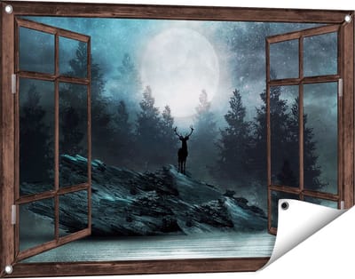 Gards Tuinposter Doorkijk Hert op een Rots tijdens Volle Maan - 90x60 cm - Tuindoek - Tuindecoratie - Wanddecoratie buiten - Tuinschilderij