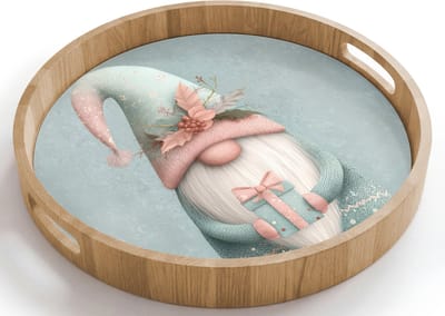 Dienblad rond 40x40 cm - Schootdienblad hout - Kerstgnome - Cadeau - Groen - Borrelplank rechthoek - Plateau houten dienbladen