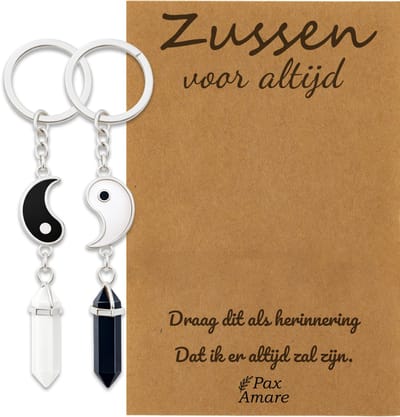 BFF Sleutelhanger voor 2 'Zussen voor altijd' - Yin Yang met Edelsteen - Sleutelhanger set op Cadeau Kaartje Sleutelhanger set - Zilverkleurig - Vriendschap Symbool - Pax Amare