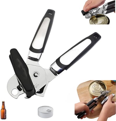 1 stuk -Blikopener plus Flesopener - Blikopener - Handmatige blikopener - Robuuste handmatige blikopener - Antislip handvat - Gladde randen - Zwart - 19,3 * 5,3 cm - Ergonomische zachte grip - Gemakkelijk te gebruiken