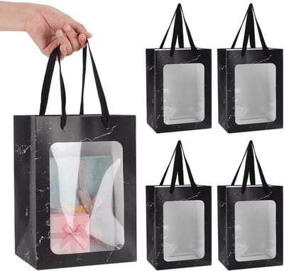 Papieren geschenkzakken met transparant venster - 12 stuks - zwart marmerpatroon - 18x13x25cm - voor Kerst, bruiloft