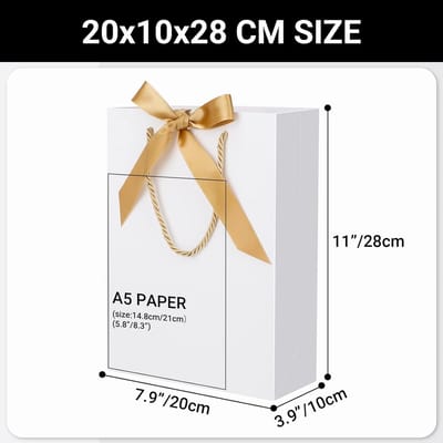 50 Luxe Witte Cadeauzakken met Handvat en Lint - Stevig Kraftpapier 230GSM - 20x10x28cm Medium