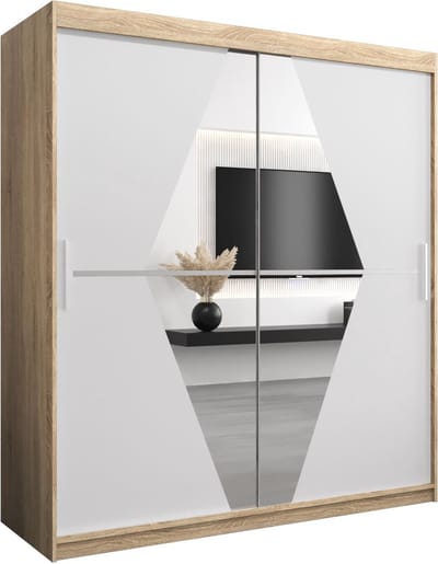 InspireMe - Kledingkast met 2 schuifdeuren, Modern-stijl, Een kledingkast met planken en een spiegel (BxHxD): 180x200x62 - BOLA 180 Sonoma Eik + Wit Mat