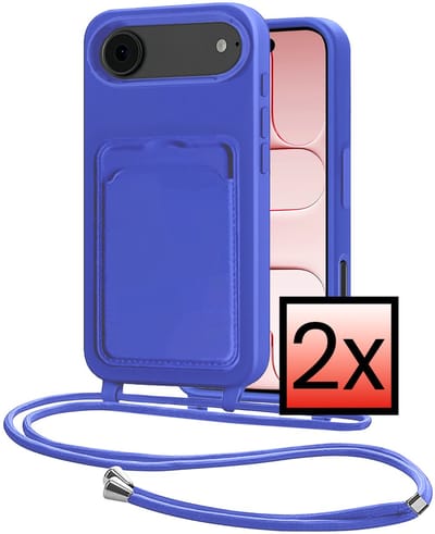 Hoes Geschikt voor iPhone Air Hoesje Pasjeshouder Cover Met Koord Case Siliconen Hoes Met Telefoonkoord en Kaarthouder - Felblauw - 2 PACK