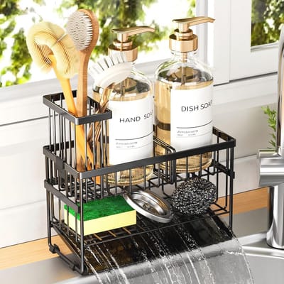 Keuken Organizer Caddy met 2-niveaus en Zeepdispenser - RVS Afwasborstel Houder en Opbergrek