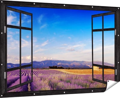 Gards Tuinposter Doorkijk Raam met Lavendel Veld - 180x120 cm - Tuindoek - Tuindecoratie - Wanddecoratie buiten - Tuinschilderij