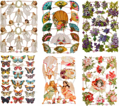 Poëzieplaatjes - 6 vellen - Engelen - Waaiers - Bloemen - Vlinders - Poëziealbum - hobby - creatief - bulletjournaal - vriendenboek - dagboek - decoupage - knutselen - scrapbook