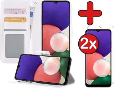 Hoesje - Met 2x Screenprotector - Geschikt voor Samsung Galaxy A22 4G - Luxe Pasjeshouder - Flip Case - Bookcase Portemonee - Kunstleer Book Case - Flipcase Hoes - Book Cover - Walletcase - Portemonneehoes - Telefoonhoes - Wit