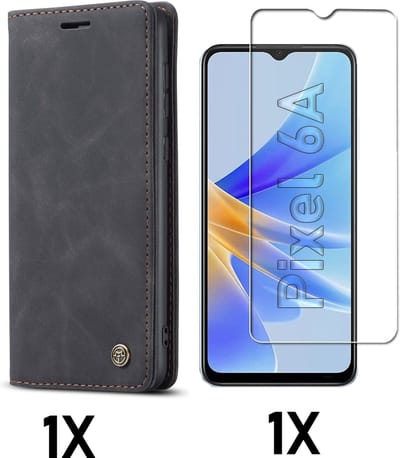 Casemania Hoesje Geschikt voor Google Pixel 6A - Charcoal Gray + Glazen Screenprotector - Portemonnee Book Case