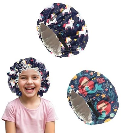 Deokke 2 Stück Kinder seidenhaube Zum schlafen, verstellbare doppellagige zijden motorkap Schlafhauben die ästhetisch und niedlich sind für Junge Und Mädchen(M5-Mermaid)