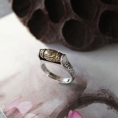 Retro, oud, eenvoudig, etnisch, mantra met zes karakters, Ming-mantra, transitparelring, vrouwelijke opening, draaibare zilveren sieraden Resizable