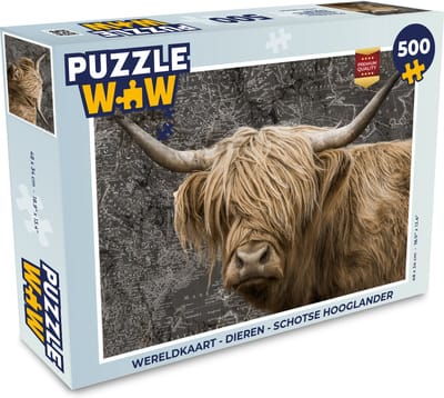 Puzzel Wereldkaart - Dieren - Schotse hooglander - Legpuzzel - Puzzel 500 stukjes