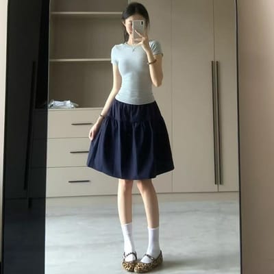 Veelzijdige rok in collegestijl voor dames in de zomer Retro midilengte hoge taille anti-blootstelling A-lijn paraplu rok marineblauwe rok XL gray