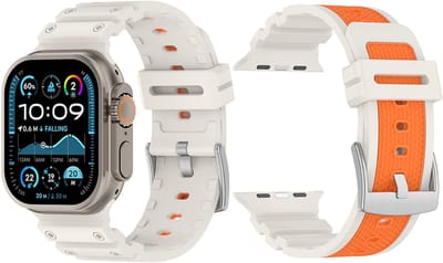 Stravo Siliconen Horlogebandje met Mechanisch Design – Geschikt voor Apple Watch 42mm (Series 1/2/3), 44mm (Series 4/5/6/SE), 45mm (Series 7/8/9), 46mm (Series 10/11) & 49mm (Ultra) – Tweekleurig Siliconen Bandje – Starlight / Oranje