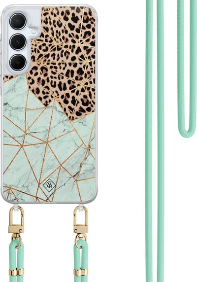 Casimoda® hoesje met koord - Geschikt voor Samsung A15 - Luipaard Marmer Mint - Afneembaar koord - TPU/polycarbonaat - Mint
