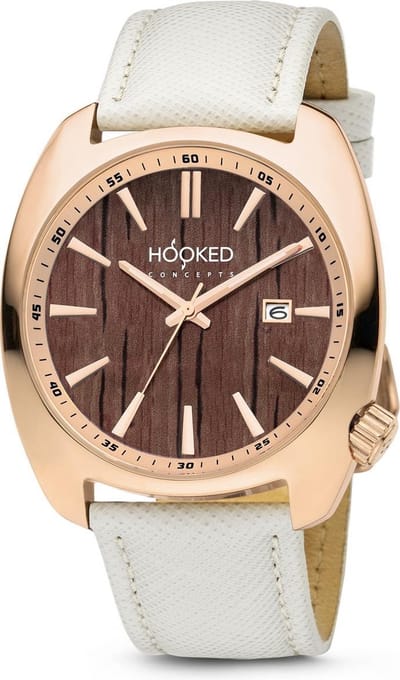 Hooked Concepts - Polshorloge HWR011F - Houten wijzerplaat - Rose goud creme 37 mm