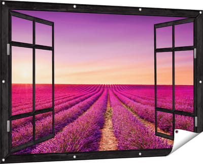 Gards Tuinposter Doorkijk Paarse Lavendel Bloemenveld - 150x100 cm - Tuindoek - Tuindecoratie - Wanddecoratie buiten - Tuinschilderij