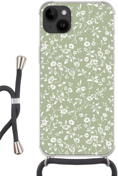 Telefoonhoesje Geschikt voor Apple Iphone 14 Max - Bloemen - Print - Groen - Wit - Siliconen - Crossbody - Backcover met Koord - Telefoonhoesje met koord - Hoesje met touw Telefoonhoesje