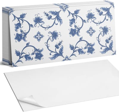 Coloray Plaktegels - Bloemenpatroon op de achtergrond Zelfklevende Wandtegels - 40 cm x 20 cm - Blauw Plaktegels - 10 stuks - Rechthoek PVC Tegels - Plaktegels Badkamer - Vloertegels Zelfklevend - Vinyltegels Vloer Zelfklevend - Portugese Tegels