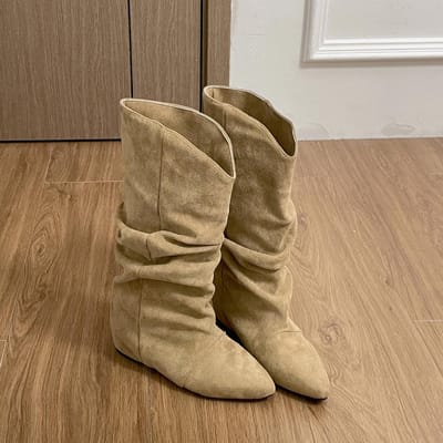 Wintermode Geplooide Dames Knielange Laarzen Puntneus Schoenen met Interne Verhoging Streetstyle Modern Lange Dameslaarzen 35 beige
