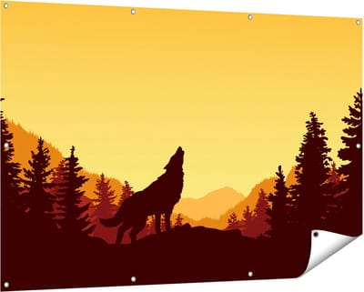 Gards Tuinposter Silhouet van een Wolf in het Bos - Abstract - 150x100 cm - Tuindoek - Tuindecoratie - Wanddecoratie buiten - Tuinschilderij