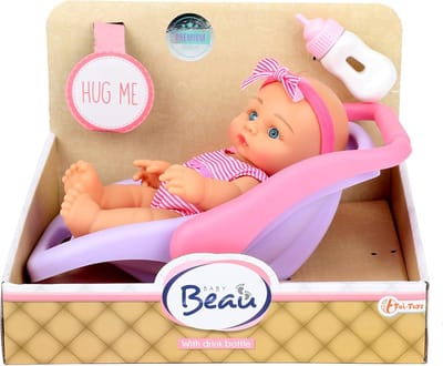 Babypop met stoel - Poppenhuis pop - Kinderspel - Inclusief flesje - 18 cm - Roze