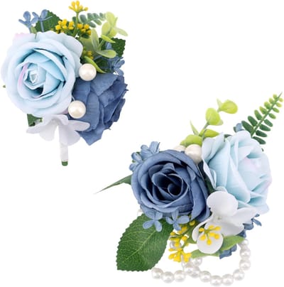 Bloem Corsage Set - Polsbloem Speld - Feestelijke Accessoires - Elegant Rozenmotief - 14 cm Pols - Stoffig Blauw Wit