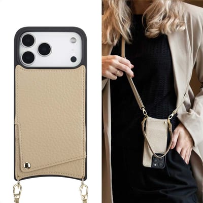 Selencia Hoesje - Geschikt voor Apple iPhone 17 Pro Max - Backcover met koord en pashouder - Beige