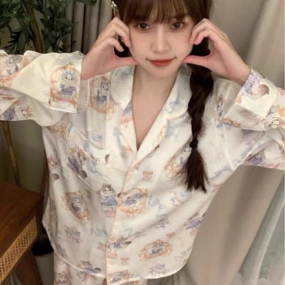 Lente en Zomer Meisjes Schattig Kitten Bedrukt Ijszijde Lange Mouw Pyjama Dames Cardigan Broek Huiskleding Pak XL