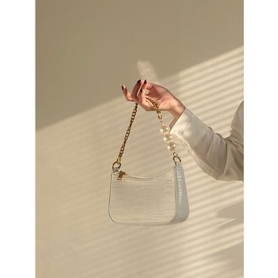Nieuwe Ins Krokodillenpatroon Dames Schoudertas Onderarmtas, Modieuze Parelketting Temperament Kleine Vierkante Tas beige