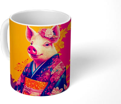 Mok - Koffiemok - Varken - Bloemkroon - Kimono - Abstract - Mokken - 350 ML - Beker - Koffiemokken - Theemok