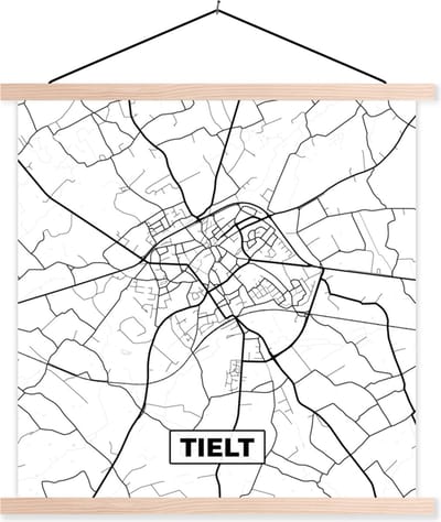 Posterhanger incl. Poster 40x40 cm - Schoolplaat - Stadskaart – Plattegrond – België – Zwart Wit – Tielt – Kaart - Textielposter - Blanke latten - Stadskaart