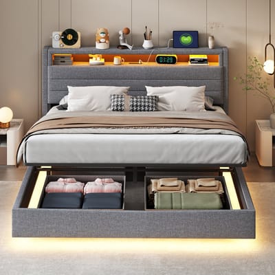 160x200 cm gestoffeerd bed met opbergruimte - met USB-aansluiting en LED-lamp - verstelbare hoofdsteun - grijs - zonder matras